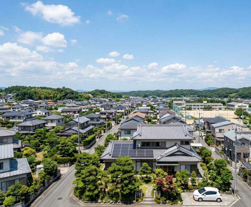 千葉の住宅街を上空から撮影したドローン空撮写真